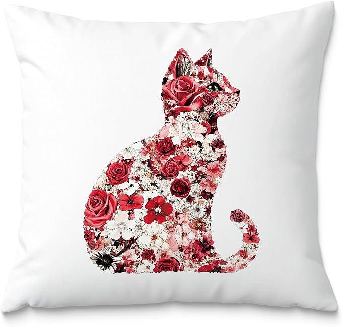 Red and White Floral Cat Pillow Covers 18x18, Gifts for Cat Lovers Mom Lady Owners, Elegant Kitten Kitty Decorative Pillow Covers for Home Bedroom Living Room Decor, Pet Lover Gifts