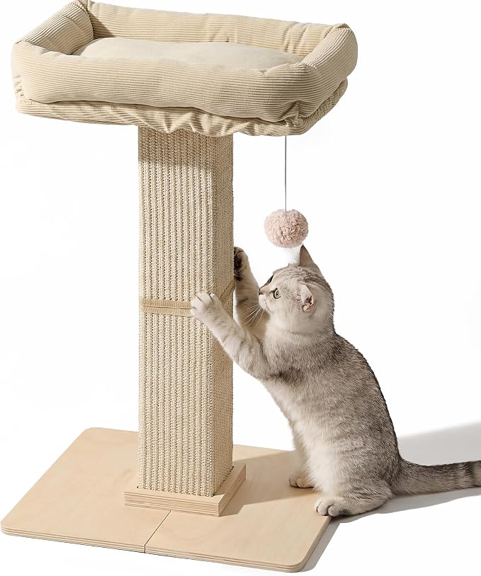 FUKUMARU Retro-Style Cat Scratching Post with Perch for Indoor Adult Cats | 28.7" Elevated Tall Cat Bed, Solid Wood Large Cat Scratcher Tower with Bed, Aesthetic Cat Tree Furniture with Natural Sisal