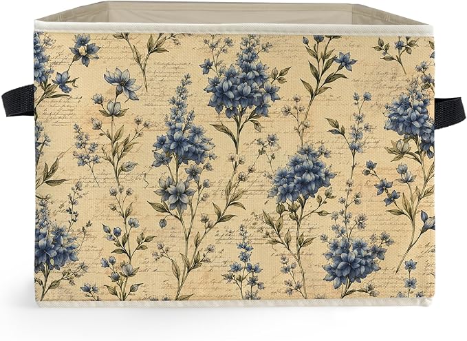 Vintage Blue Floral Storage Box Bins, Rustic Cottagecore Botanical Flower Collapsible Storage Basket Organizer for Bedroom Laundry Room Home Clothes Books, Decor for Room