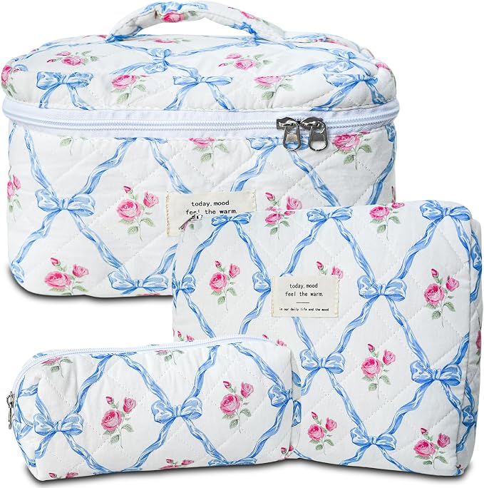 GISMTR 3Pcs Cotton Quilted Makeup Bag Large Travel Cosmetic Bag Coquette Makeup Pouch Cute Aesthetic Floral Toiletry Bag for Women Girls (flower-Q)