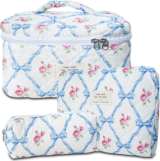 GISMTR 3Pcs Cotton Quilted Makeup Bag Large Travel Cosmetic Bag Coquette Makeup Pouch Cute Aesthetic Floral Toiletry Bag for Women Girls (flower-Q)