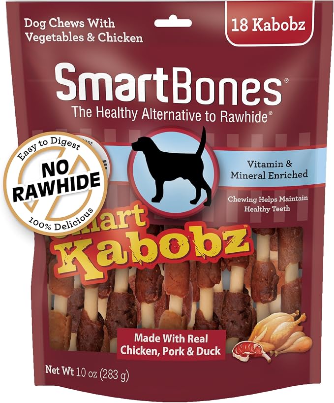 SmartBones Kabobz Rawhide-Free Dog Treat, Chicken, Pork, Duck, 18 Count | Highly Digestible, Vitamin & Mineral Enriched, Supports Dental Health, For Adult Dogs
