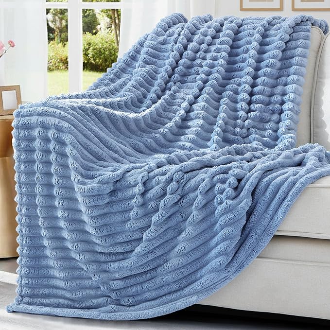 decorUhome Blue Grey Fleece Twin Blanket 60x80 Inches | Soft Couch Cozy Fluffy Plush Flannel Striped Blanket for Sofa Bed, Lightweight Decorative Ribbed Fuzzy Blanket for Woman