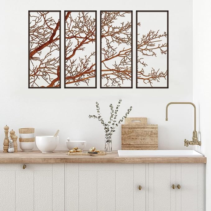 ESTART 4 Pieces Tree of Life Metal Wall Decor, Black Tree Branch Metal Wall Art, Tree Sign Wall Hangings for Home Garden Office Living Room Indoor Outdoor (Colorful, Small)