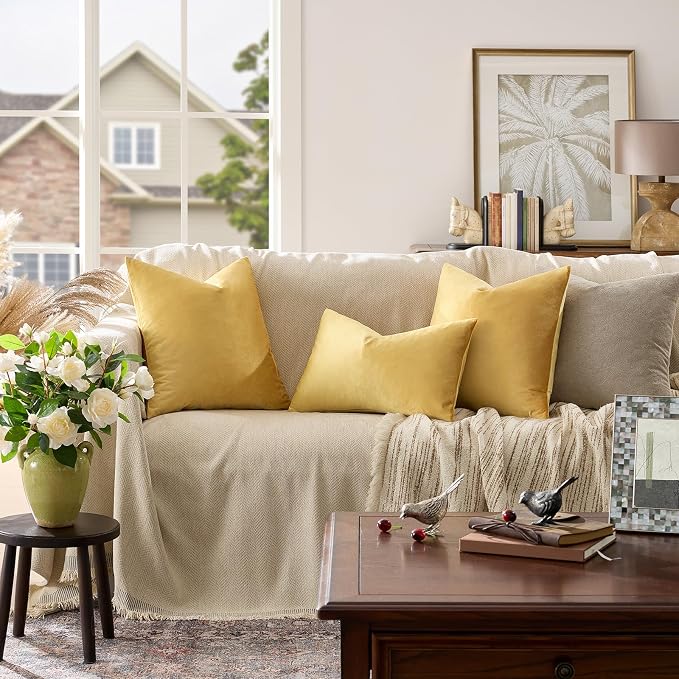 GIGIZAZA Yellow Velvet Pillow Covers 18x18 Decorative Pillows Pack of 2 | Throw Pillows for Couch Sofa,280gsm Soft Textured Fabric,Modern Square Pillowcases,Luxury Cushion Covers