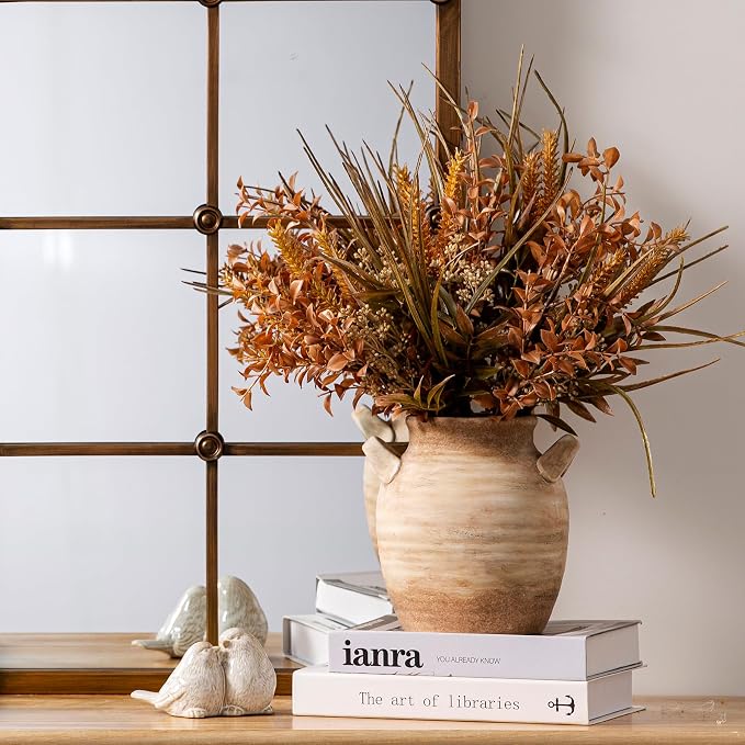 Vanselia Ceramic Flower Vase Home Decor - Farmhouse Table Vases with Handle Living Room Decoration Vintage Decorative Aesthetic for Shelf Coffee Dining Desk House Bookshelf Fireplace (7.1" Rust)