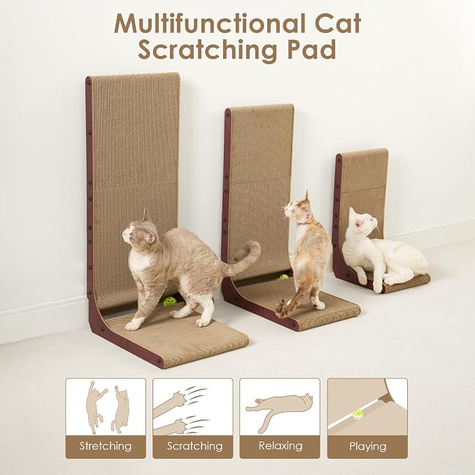 EHEYCIGA Cardboard Cat Scratcher for Indoor Cats, 32 Inch, Dark Brown | L Shaped Scratching Post, Vertical Cat Scratching Board with Ball Cat Toy, Furniture Protector, Extra Large Cat Scratch Pad
