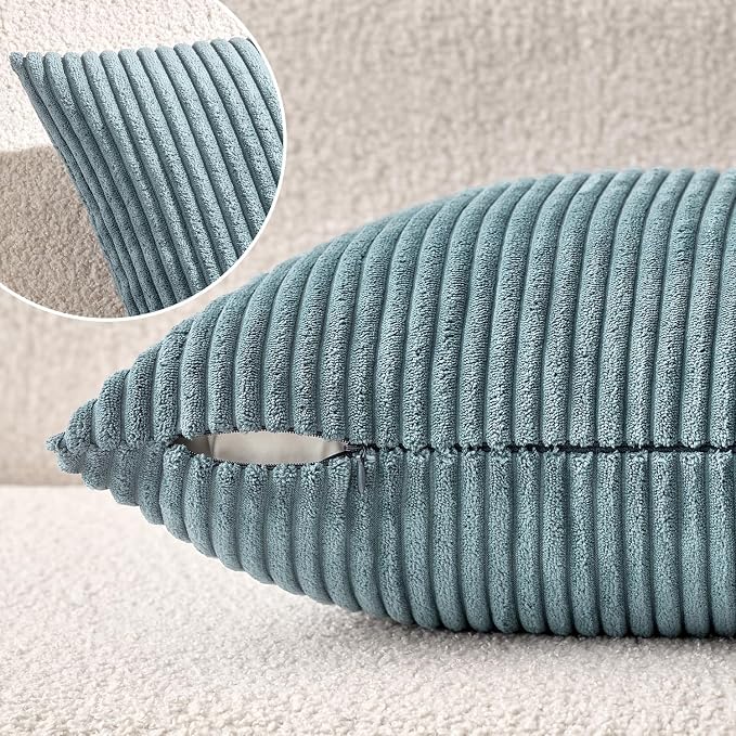 MIULEE Decorative Corduroy Throw Pillow Covers Set of 2 20x20 Smoky Blue | Soft Striped Textured Cushion Cases, Boho Coastal Square Pillowcases for Home Decor, for Couch Chair Sofa Bed Living Room