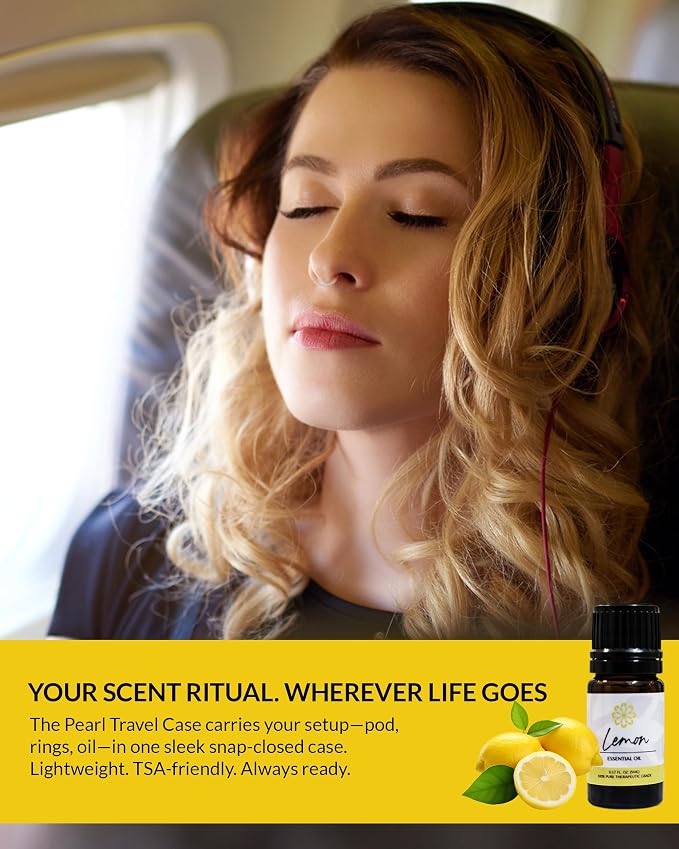Essence Pearl Travel Case | Lemon Essential Oil | Aromatherapy Nasal Diffuser & Essential Oil Carrying Case | Uplifting Lemon Oil Scent | Travel-Friendly Kit | White Pod