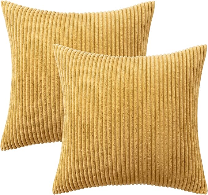 MIULEE Fall Decorative Corduroy Throw Pillow Covers Set of 2 18x18 Gold | Soft Striped Textured Cushion Cases, Boho Rustic Square Pillowcases Neutral Home Decor, for Couch Chair Sofa Bed Living Room