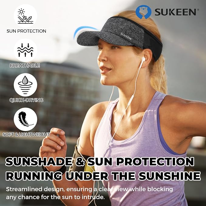 Sukeen Lightweight Sports Sun Visor Hat for Men Women | Packable, breathable, quick-dry, UPF50+ cooling visor hat, stretch fit, for running, tennis, golf, pickleball, softball