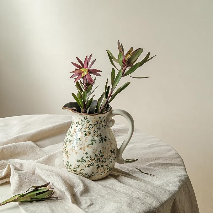 Ceramic Flower Vase for Home Decor, Vintage Green Pitcher Vase 8 Inch | Rustic Farmhouse Floral Vase for Kitchen, Coffee Table, Living Room, Mantel, Bookshelf, Entryway, Wedding Centerpiece