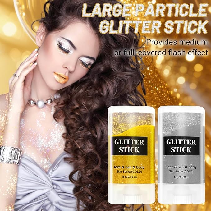 2PCS Face Body Glitter Stick,Gold Silver Hair Glitter Stick for Kids Women,Roll on Body Face Glitter Gel Makeup Hair Accessories,Silver Face Paint,Halloween Singer Concert Party Accessories
