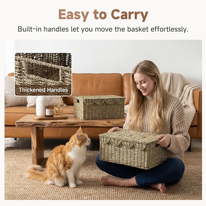 StorageWorks Scalloped Wicker Basket with Lid, Seagrass Storage Baskets | Rattan Storage Baskets with Scalloped Edge, Basket with Lid Decorative Storage, Woven Wicker Basket for Living Room, Bedroom