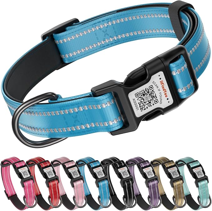 Personalized Dog Collar with QR Code Dog Tag, Blue 05 S | Anti-lost, 1000D nylon, reflective, padded, XS-L(8"-24"), QR buckle shares lost pet profile, location alerts when scanned