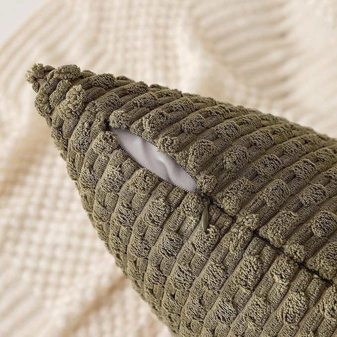 Kevin Textile Soft Corduroy 12"x24" Lumbar Pillow Cover 1 Pack, Olive Green | Boho Stripe Plush Corduroy Decorative Oblong Cushion Cover Modern Farmhouse Home Decor for Sofa Couch Bed Chair