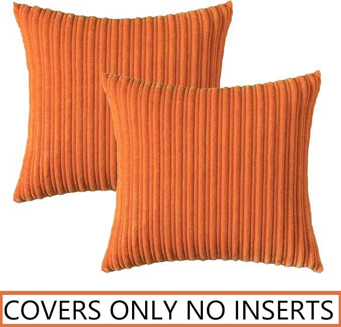 UGASA Fall Decorative Soft Velvet Stripe Pillow Covers Set of 2 Solid Corduroy Textured Euro Cushion Cases for Couch Bedroom Sofa Farmhouse, 26x26 Inch, Orange