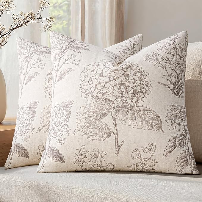 Set of 2 Decorative Floral Pillow Covers 20x20 Inch Light Camel | Neutral Hydrangea Print, Boho Vintage Throw Cushion Covers, Cottagecore Home Decor, for Sofa Couch Porch Bedroom Living Room