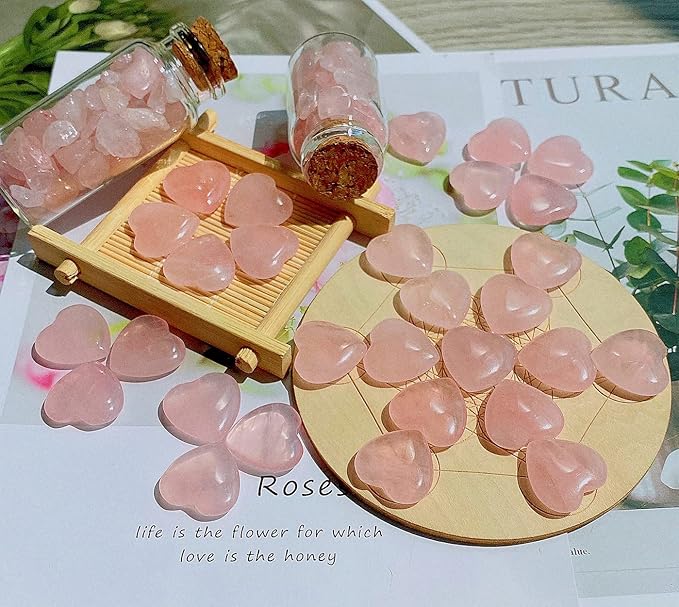 20 PCS Rose Quartz Heart Crystals Natural Crystal Polished Healing Cute Mini Pocket Stones Palm Thumb Love Gemstones Set Bulk Wholesale Reiki Energy Balancing Meditation Pink Heart Gifts for Mother Anniversary Valentine's Day Gifts for Women