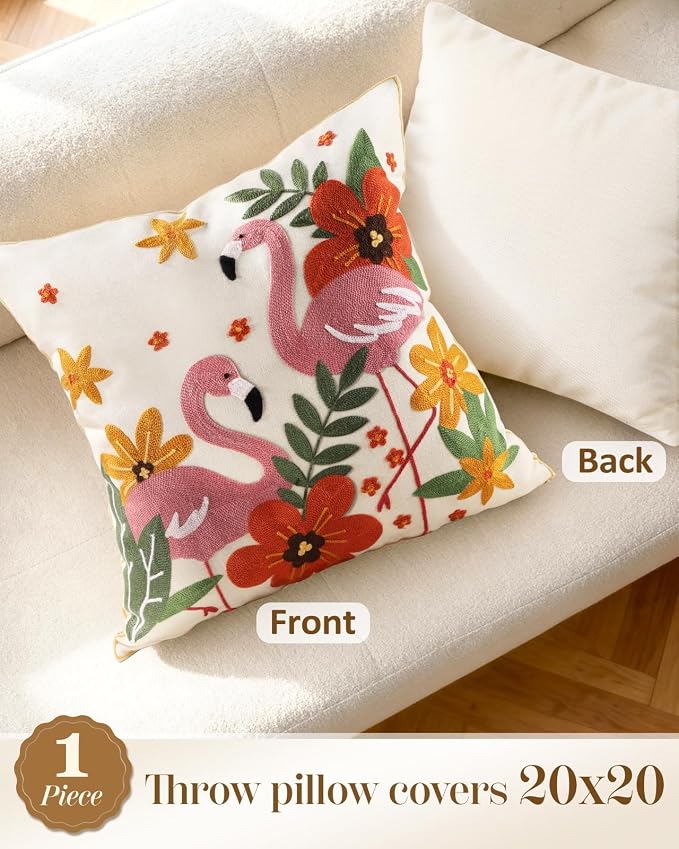 Animal Embroidered Throw Pillow Cover 20x20 Inch, Flamingos Floral | Decorative Pillow Cover, Boho Floral Cushion Cases with Hidden Zipper, Cottagecore Decor for Couch, Sofa, Living Room