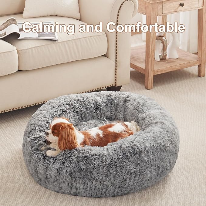 30 inches Faux Fur Fluffy Donut Dog Bed for Medium Dogs,Dark Grey | Calming Plush Round Pet Bed with Removable & Washable Cover,Fits up to 45 lbs Pets