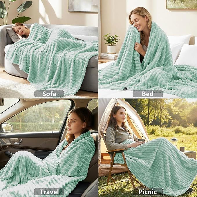 HIMEET Sage Green Twin Blanket for Bed, 300GSM Ribbed Fleece, 60 x 80 in | Ultra Soft Flannel, All-Season Lightweight Warmth, Bed Layering Pick & Dorm Essential, Gift for Men & Women, Machine Washable