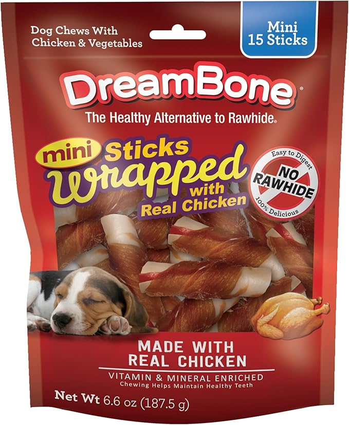 DreamBone Chicken Wrapped Mini Stick Rawhide-Free Dog Treats, 15 Count | Daily Chew, Digests Safely and Completely, Made With Real Protein, Chicken and Veggies, For Adult Dogs
