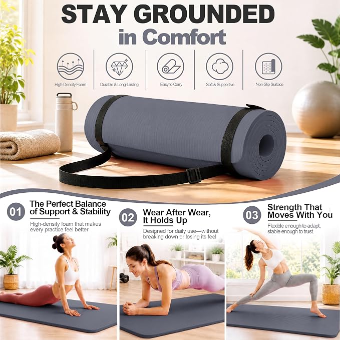 HULKFIT High Density Non Slip Yoga Mat, Extra Thick Exercise Mat with Carrying Strap, for Pilates, Fitness, Home Gym & Floor Workouts - Multiple Thickness & Multiple Color