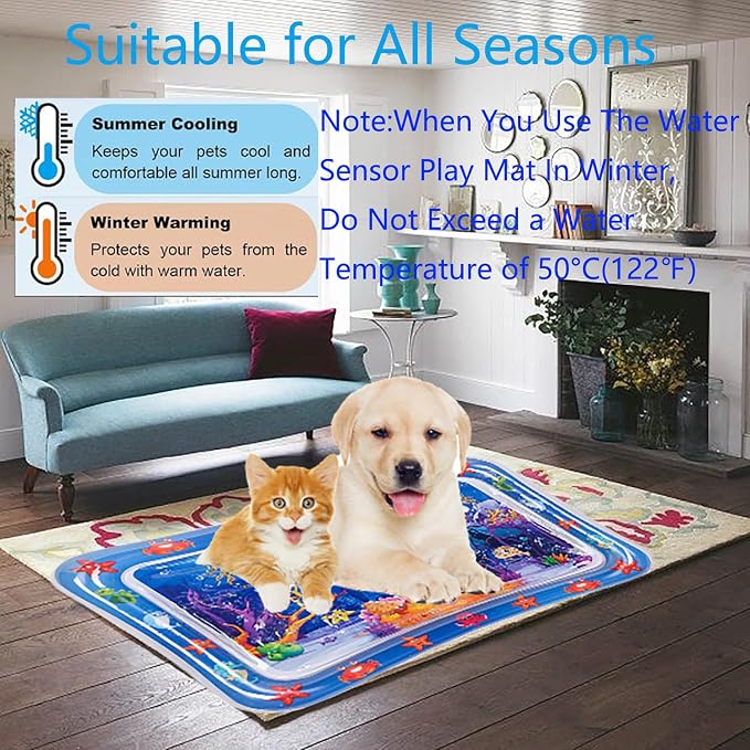 2 Pieces Upgraded Thickened Cat Water Mat,Interactive Cat Toy for Indoor Cats to Exercise, Hunting,Swatting, Anti-Scratch Leak Proof Foldable Water Sensory Play Mat with Fish for Pet Play
