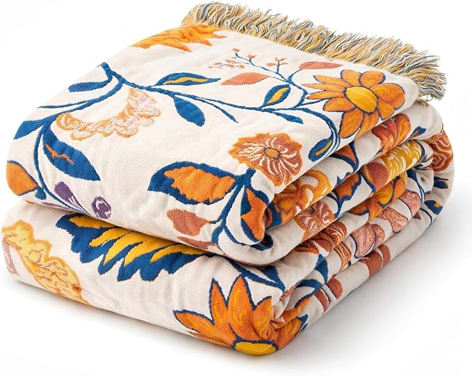 100% Cotton Boho Throw Blanket for Home Decor – Classic Farmhouse Quilt Bedding, Muslin Blankets for Adults, Vintage Woven Decorative Blanket for Couch, Bed Layering Use, Botanic Floral, 104"x90"