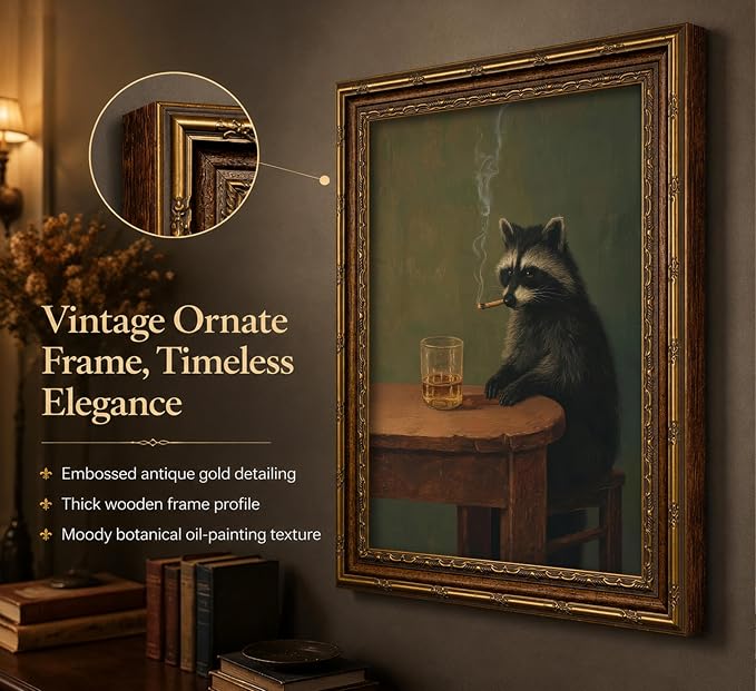 Vintage Gold Framed Smoking Raccoon Wall Art,Moody Dark Funny Animal Whiskey Cigar Canvas Print,Humor Funny Raccoon Wall Decor,Retro Bar Cart Poster Artwork,for Study Living Office Bar Decor
