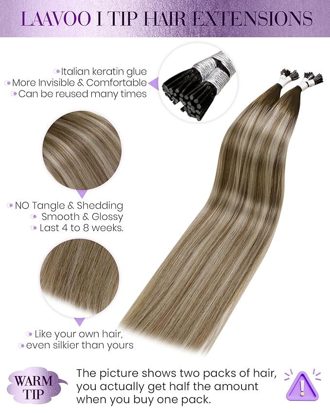 LaaVoo Itip Human Hair Extensions I Tips Hair Extensions Human Hair Balayage Dark Brown Ombre Light Brown to Ash Brown 50g 16in 60s