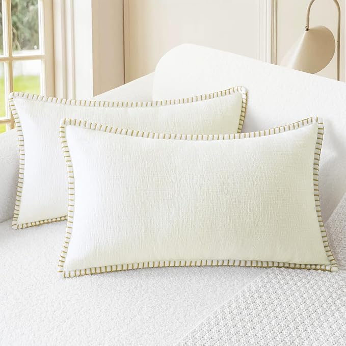 CaliTime Decorative Couch Throw Pillow Covers 20 X 12 Inches Cream | Pack of 2, Cozy Chenille Cushion Cases, Cotton Thread Stitching Edges, for Sofa Bed Living Room Farmhouse