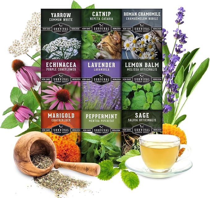 Medicinal Tea Herb Seeds for Planting | 9 Varieties - Survival Garden Seeds | Grow Herbal Teas, Natural Remedies – Home Apothecary Garden Kit – Heirloom, Non-GMO Herbs