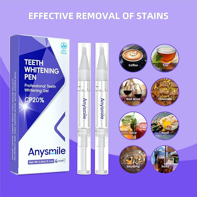 Anysmile Teeth Whitening Pens Non Sensitive Teeth Whitener Gel with Effective 20% Carbamide Peroxide, 4 Professional Tooth Whitening Gel Pens 2ml/Pen