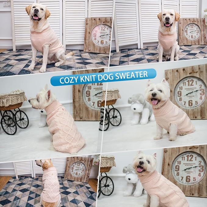 Mihachi Turtleneck Dog Sweater - Winter Coat Apparel Classic Cable Knit Clothes with Leash Hole for Cold Weather, Ideal Gift for Pet in New Year Rosy X-Small
