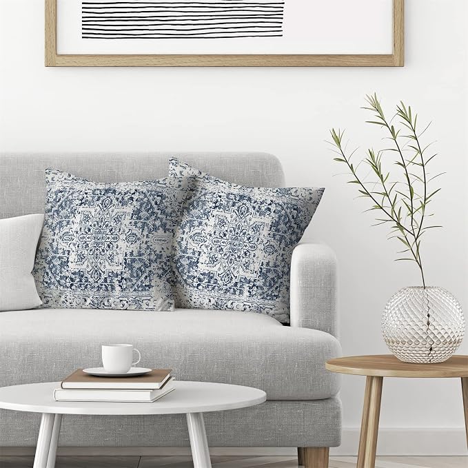 AEIOAE Boho Pillow Covers 16x16 Inch Set of 2,Carpet Pattern Throw Pillows Case,Blue White Ethnic Design Outdoor Decorative Square Linen Farmhouse Decor Cushion Covers for Home Sofa Bed Couch