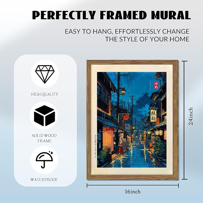 Framed Japanese Wall Art, Asian Tokyo Tea House Canvas Wall Decor Painting, Cool Japanese Night Posters Prints Pictures for Bedroom Living Room Bathroom Home Decor 16x24 Inch