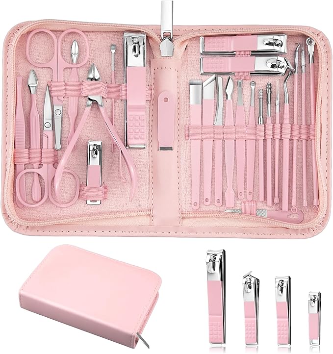 MINKINH Manicure Set Professional Nail Clipper Kit-26 Pieces Stainless Steel Manicure Kit,Nail Care Tools with Luxurious Travel Case Nail Grooming Kit Present for Wife, Girlfriend(Pink)