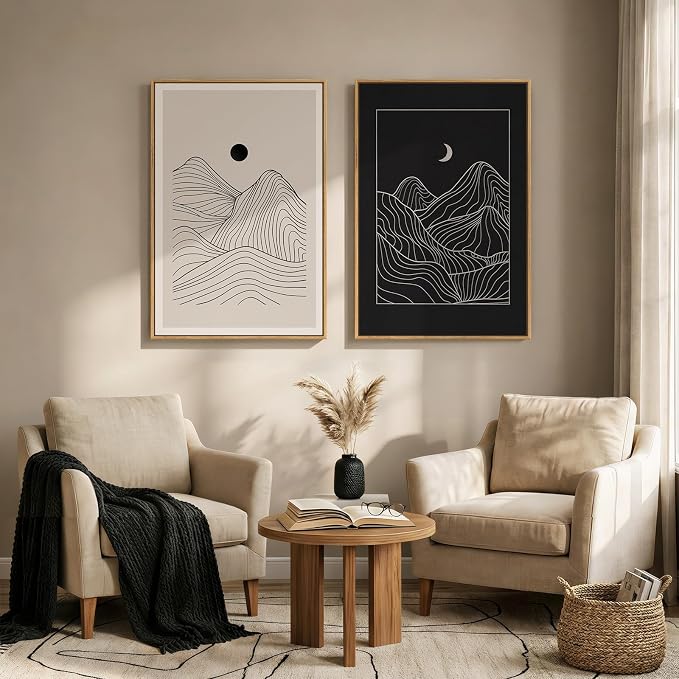 Large Framed Black and Beige Neutral Abstract Wall Art for Living Room, Set of 2 Modern Canvas Prints Paintings Artwork for Walls, Mountain and Moon Pictures for Bedroom Hallway Wall Decor 24x36 In