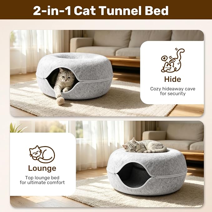 Cat Caves for Indoor Cats, Large Cat Tunnel for Multiple & Large Cats, Scratch Detachable Cave Bed, Kitten Donut Kitty Hideaway Up to 45 Lbs (Light Grey, Jumbo, 1 Pack)
