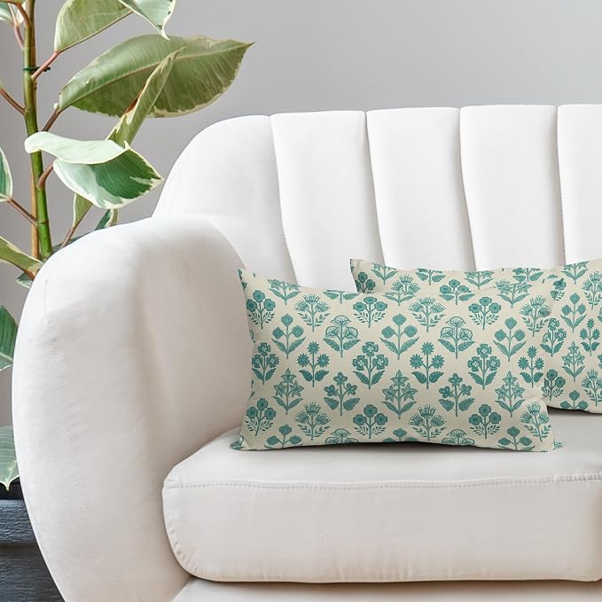 Teal Floral Pillow Covers 12x20 Inch Set of 2, Block Print Lumbar Flower Cream Decorative Throw Pillowcases Outdoor Farmhouse Rectangle Cushion Covers Spring Summer Sofa Couch Bed Decor