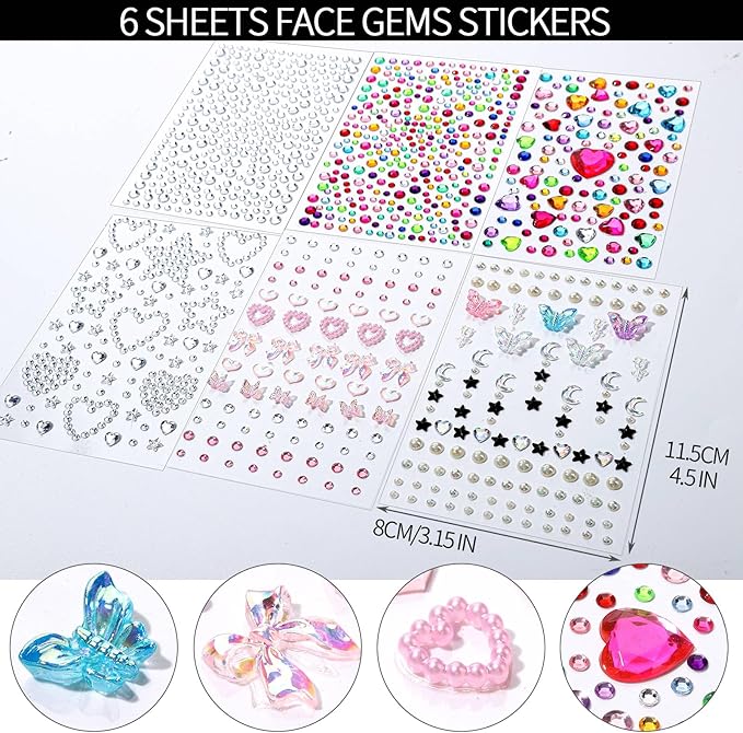FANDAMEI Face Glitter Face Gems, 40 Colors Glitter Gel Palette with 6 Sheets Self Adhesive Hair Gems, Face Jewels for Women. Face Rhinestones Pearls for Women Kids, Body Hair Glitter