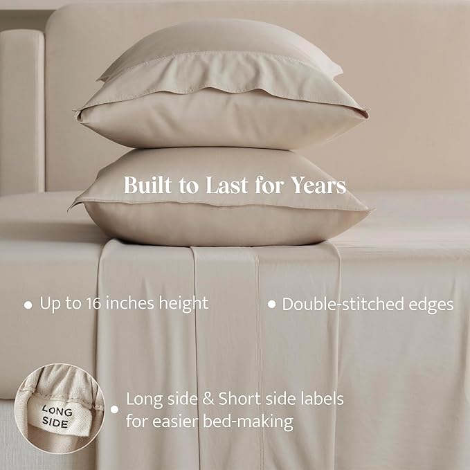 Double Stitch Cotton Tencel Sheet - Bed Sheets Set Queen Size, 4Pc Luxury Hotel Bedding Set, Soft, Cooling & Breathable for Hot Sleepers, Deep Pocket Up to 16 Inches, Sandstone