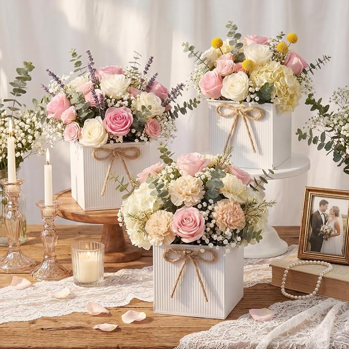 12 Pack Galvanized Square Vases with Floral Foam, 3.5 inch Waterproof Rustic Tin Buckets with Twine Bows, Mini Farmhouse Metal Planter Centerpieces for Wedding Party Table Decor(White)
