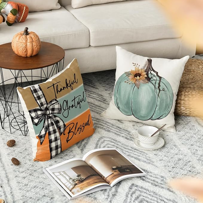 AVOIN colorlife Fall Pumpkin Home Sweet Home Throw Pillow Covers, 20 x 20 Inch Autumn Thankful Grateful Blessed Harvest Floral Decorations for Sofa Couch Set of 4, Blue