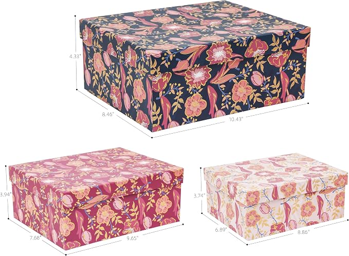 3-Piece Decorative Storage Boxes with Lids, Tulip Cherry Blossom with Gold Foil, Cardboard Paperboard Keepsake box Set, Photo Storage Box for Memory, Home Decor, Modern Decoration Organizer