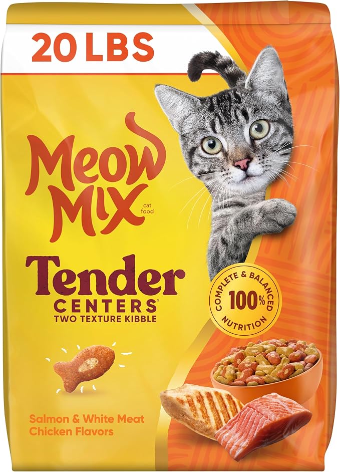 Meow Mix Tender Centers, Salmon & White Meat Chicken Flavors, Dry Cat Food, 20 lb. Bag | Dry cat food with two texture kibble, meaty center surrounded by a crunchy outer layer, complete and balanced nutrition