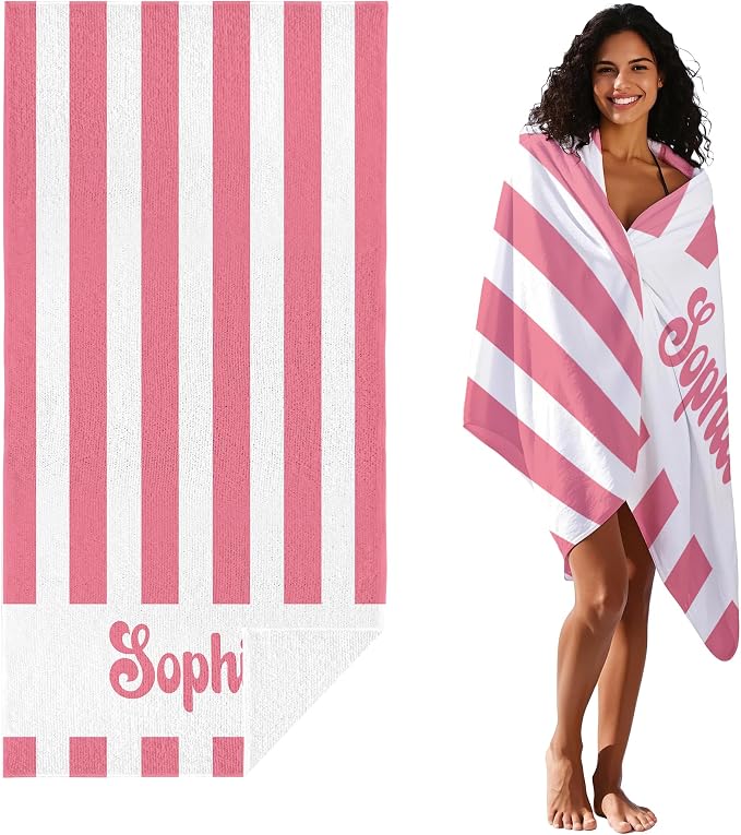 JML Personalized Beach Towel with Name, Custom Cabana Stripe Beach Towel, Customized Microfiber Pool Towel, Quick Dry & Absorbent Swim Towel for Adult,Anniversary, Birthday, Summer Holiday,Vacation