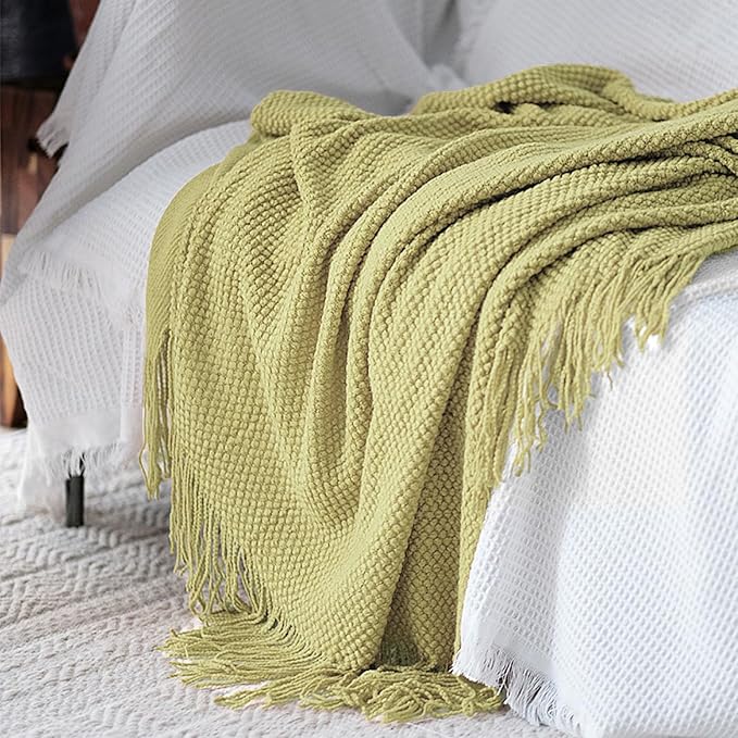 LOMAO Knitted Throw Blanket with Tassels Bubble Soft Lightweight Blanket Textured Lightweight Throws for Couch Cover Home Decor (Lemon Yellow, 50x60)